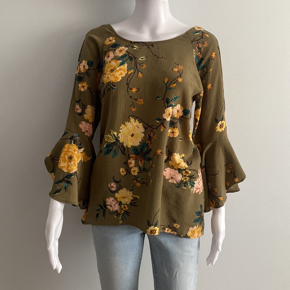 LC Lauren Conrad Olive Green Floral Bell-Sleeve Blouse